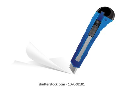 Blue Stationery knife cuts the sheet of paper