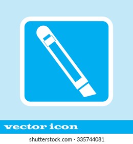Blue Stationery knife cuts the sheet of paper.