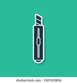 Blue Stationery knife icon isolated on green background. Office paper cutter.  Vector Illustration