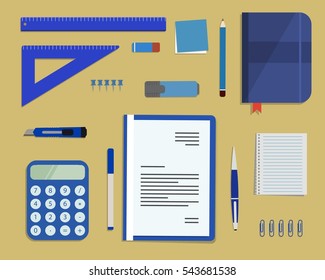 Blue stationery on a sandy background. Top view of a desk. There is a calculator, a folder, a planner, a ruler, a stationery knife, a marker and other objects in the picture. Vector flat illustration