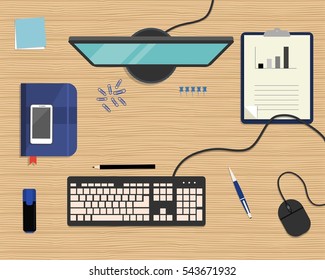 Blue stationery on a wooden background. Top view of a desk. There is a computer, keyboard, mouse, smart phone, folder and other objects in the picture. Vector flat illustration