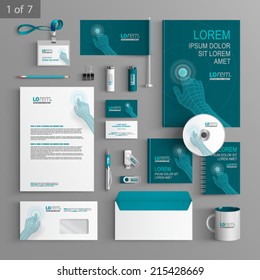 Blue stationery template design. Digital hand touching screen. Documentation for business.