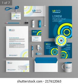 Blue stationery template design with green round digital elements. Documentation for business.