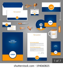 Blue Stationery Template Design With Orange Round Element. Documentation For Business.