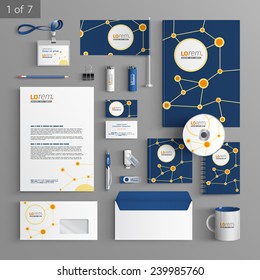 Blue stationery template design with round scientific elements. Documentation for business.
