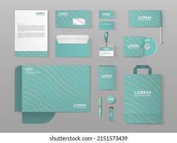 Blue stationery template design with wave lines. Set of business corporate identity mock up. Documentation for business.