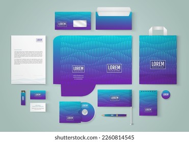 Blue stationery template design with wavy lines.Set of business corporate identity mock up. Documentation for business.