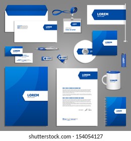 Blue stationery template design with white arrow. Documentation for business.