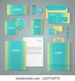 Blue stationery template design with yellow triangles .Set of business corporate identity mock up. Documentation for business.