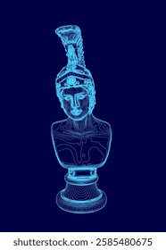 A blue statue of a man with a helmet on his head. The statue is of a Greek goddess and is very detailed