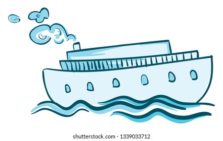 A blue steam ship is sailing in the blue water vector color drawing or illustration 