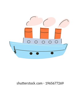 A blue steamer with orange pipes and steam. Isolated element on a white background.