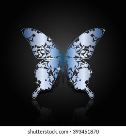 Blue steel abstract butterfly with floral pattern on black background.