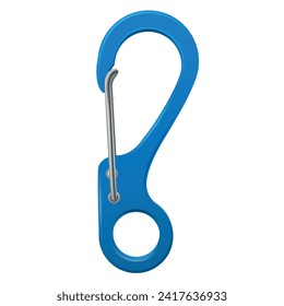 Carbina de acero azul para gancho de cuerda de seguridad de clip carabiner de metal extremo vista de lado realista ilustración vectorial. Aluminio de seguridad de la fuerza de enlace de la conexión de la velocidad para la actividad deportiva de escalada