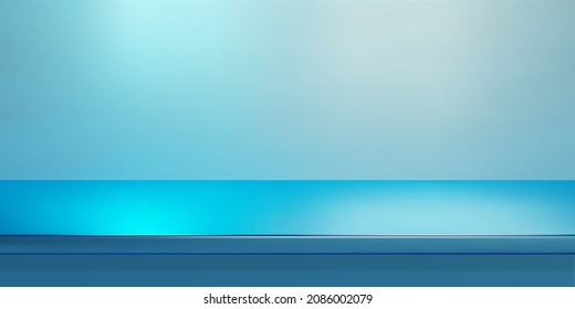 Blue steel countertop, empty shelf. Vector realistic mockup of table top, kitchen counter on light pastel background with spot light. Bar desk surface in foreground