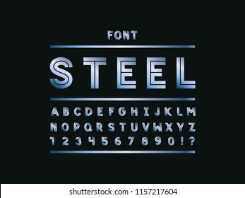Blue steel font. Vector alphabet letters and numbers. Typeface design. 