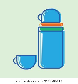 Blue steel thermos with the cup for hot drinks vector illustration.