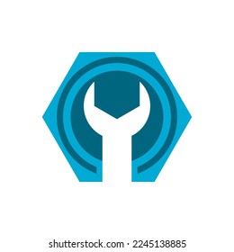 Blue steel wrench with nut bolt hexagon maintenance repair tools on white background logo icon flat vector design.