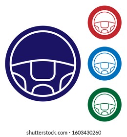 Blue Steering wheel icon isolated on white background. Car wheel icon. Set color icons in circle buttons. Vector Illustration