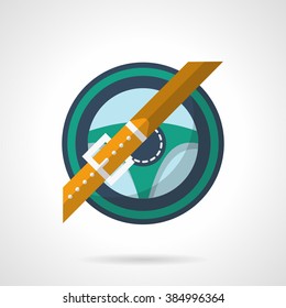 Blue steering wheel and yellow seat belt. Safe driving. Car insurance theme. Vector icon flat color style. Web design element for site, mobile and business.