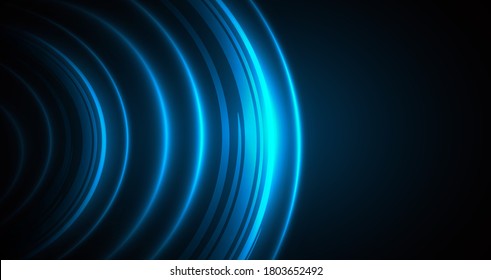 Blue stellar circles glowing in the dark space, neon disk of spaceship or planet, abstract cover background