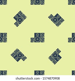 Blue Stereo speaker icon isolated seamless pattern on yellow background. Sound system speakers. Music icon. Musical column speaker bass equipment.  Vector Illustration