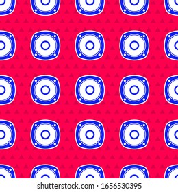 Blue Stereo speaker icon isolated seamless pattern on red background. Sound system speakers. Music icon. Musical column speaker bass equipment.  Vector Illustration