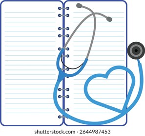 A blue stethoscope forms a heart shape on an open spiral notebook.
