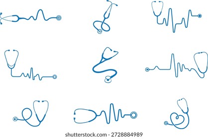 Iconos de estetoscopio azul integrados con líneas de electrocardiograma
