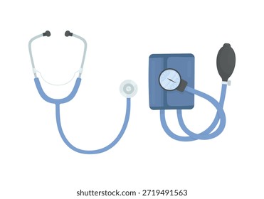 Un estetoscopio azul y un tonómetro mecánico sobre un fondo blanco. Elementos de medicina. Medición de la presión arterial. Cuidar la salud del corazón.