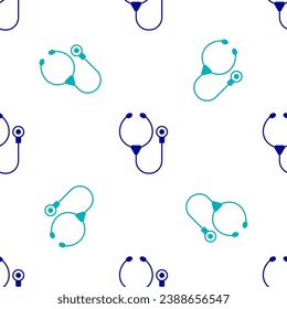 Blue Stethoscope medical instrument icon isolated seamless pattern on white background.  Vector