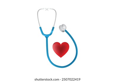 A blue stethoscope with a red heart on a white background, symbolizing heart health, medical care, and healthcare services.