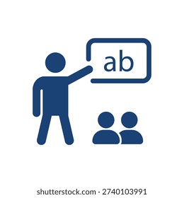Blue stick figure presenting to two people on white background