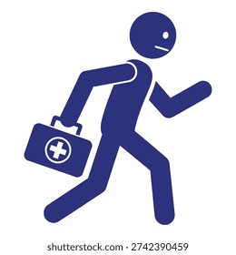 Blue stick figure running with a first aid kit in hand quickly icon
