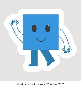 Blue Sticker Of Flying Square Cartoon Over Grey Background.