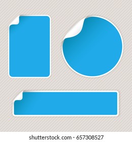 Blue sticker labels with white corner on gray background. Vector 3d illustration