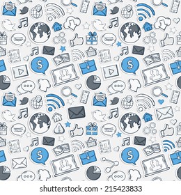 Blue Sticker mobile apps pattern:music chat gallery speaking bubble email magnifying glass shopping search notebook laptop cloud wireless hand