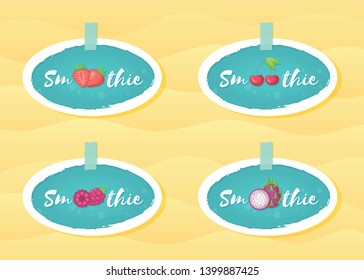 Blue sticker smoothie fruit set vector illustration. Natural fruit with Smoothie sign in white frame. Fresh smoothies cocktail blue round sticker for decoration emblem or advertising graphic poster