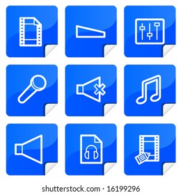 Blue stickers multimedia icons set. Vector.