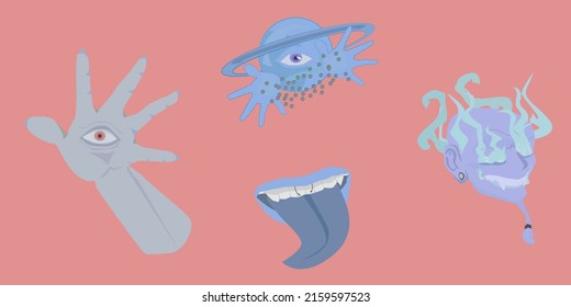 Blue stickers, red background, hand, neptune, eye, genie.