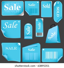 blue stickers and tags set with bar codes. set 04i solated on black background. vector illustration