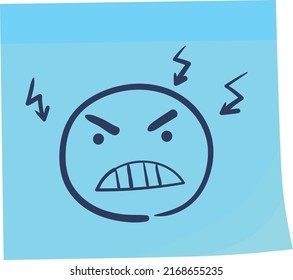 Blue Sticky Note With Angry Face Drawing. Sticker With Doodle Isolated On White Background