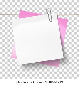 Blue sticky note and white sheet of paper attached metal paper clip on tape. Template for design. Vector illustration