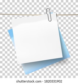 Blue sticky note and white sheet of paper attached metal paper clip on tape. Template for design. Vector illustration