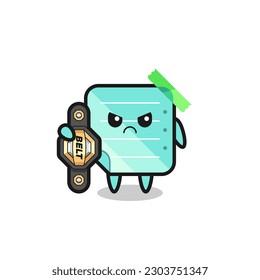 blue sticky notes mascot character as a MMA fighter with the champion belt , cute style design for t shirt, sticker, logo element