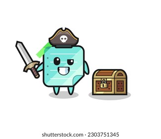the blue sticky notes pirate character holding sword beside a treasure box , cute style design for t shirt, sticker, logo element