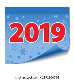 Blue Sticky Tape Note mit rotem Datum New year for 2019 und Schneeflocke einzeln auf weißem Hintergrund. Vektorgrafik