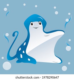 Blue stingray with air bubbles and blue algae. Wallpaper, gift wrap, print, textiles, texture. Flat sea cute animal