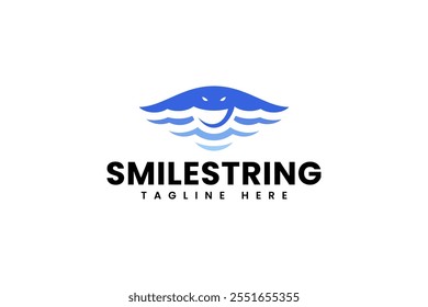 blue stingray fish and sea wave with smile shape modern logo design template for fish tank, aquatic, marine, fishing sport company business  