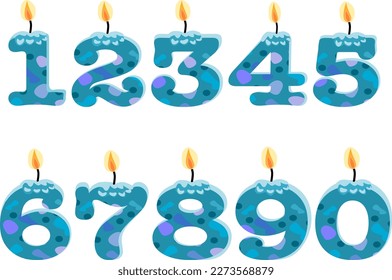 Blue stone texture Birthday candles in the form of numbers. Template set of symbols for invitation to the anniversary. Vector flat design isolated on white background.